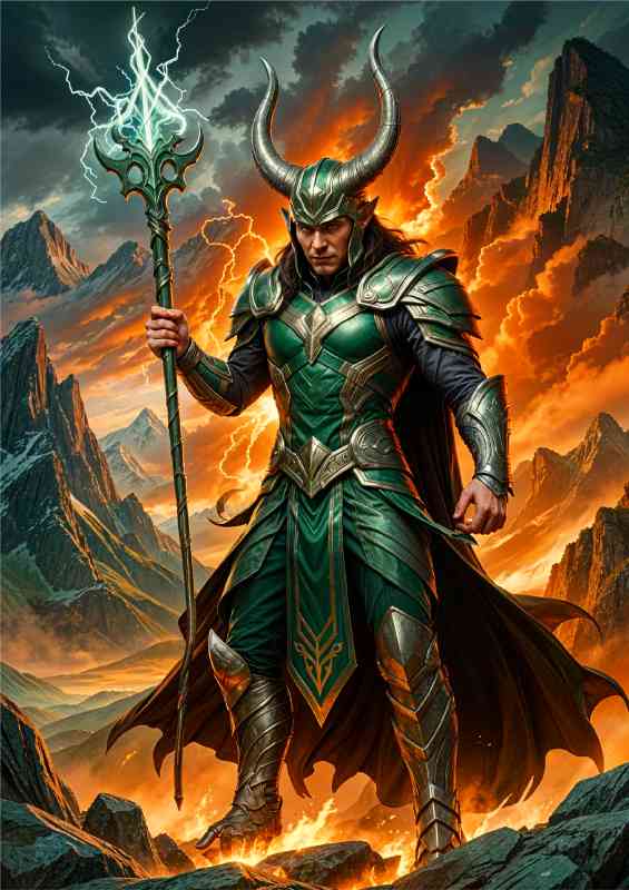 Loki norse mythology god in green with his Scepter