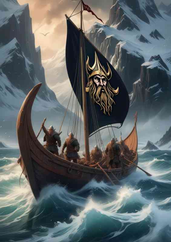Viking long ship in rough sea