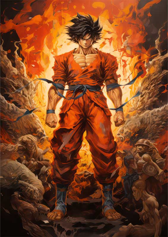 Goku style surrounded by giants and monsters in battle