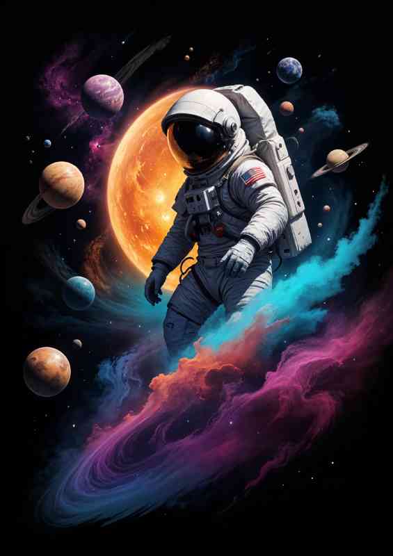 Astronaut with swirling nebulae planets and stars