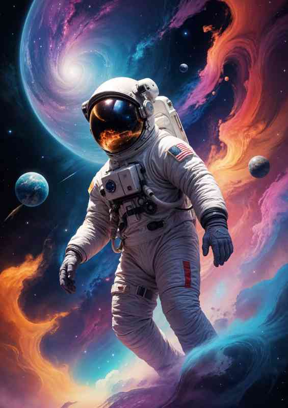 Astronaut with swirling nebulae planets and stars full vivid colours