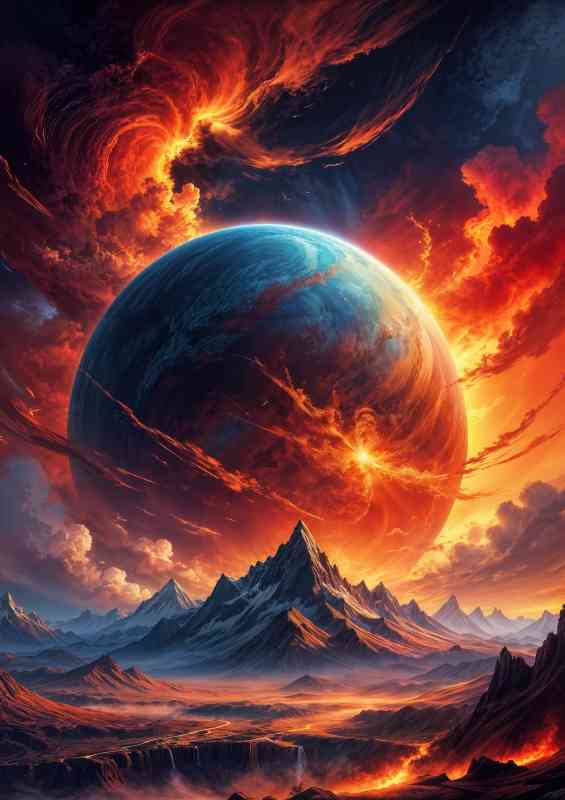 Glowing red planet with full mountain range