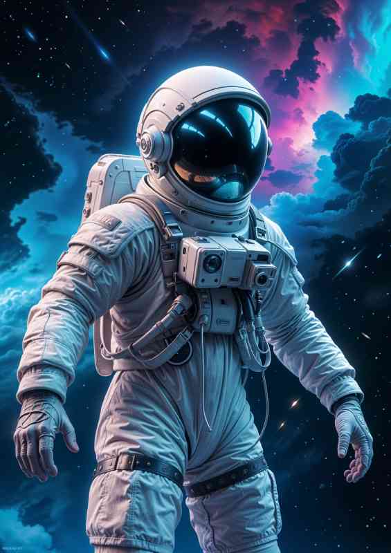 Male astronaut in a white spacesuit floating in space cosmic clouds