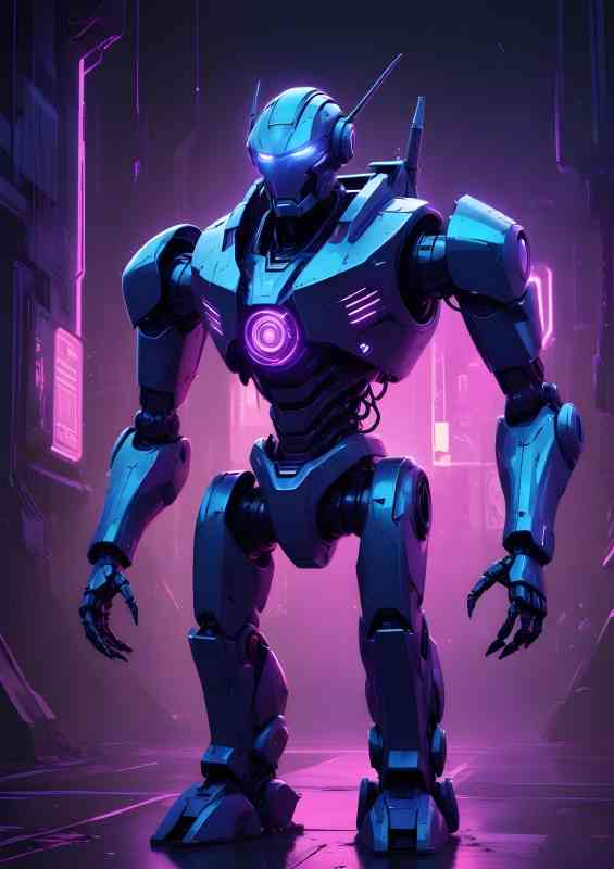 Cyberpunk robot in battle mode
