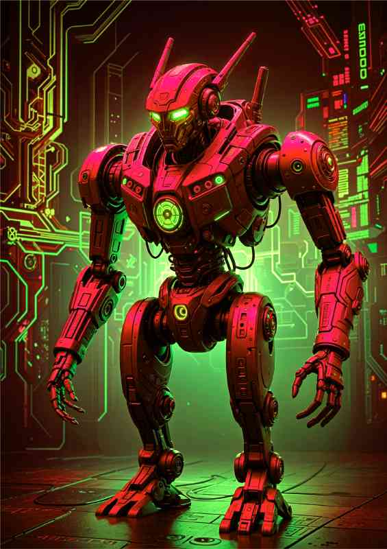 Cyberpunk robot in neon green and red