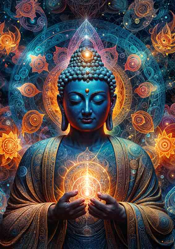 Lord Buddha with electric colours surrounding