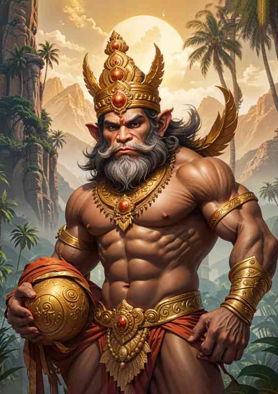 Lord Hanuman with a long beard and a golden crown