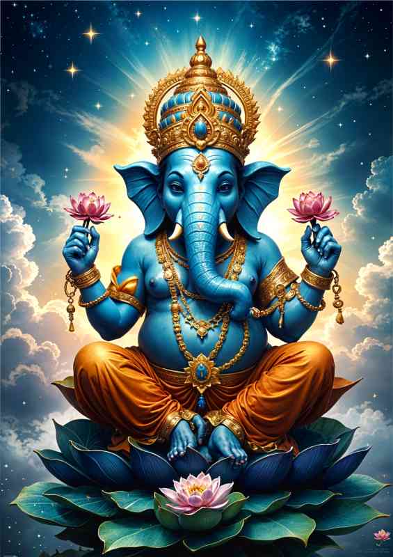 Lord ganesha with lotus flowers and lillys