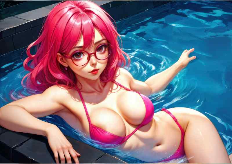 Pink haired animae girl in a pool