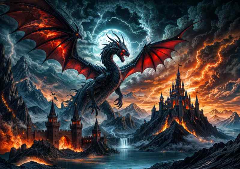 Black Dragon protecting the castle dark fantasy