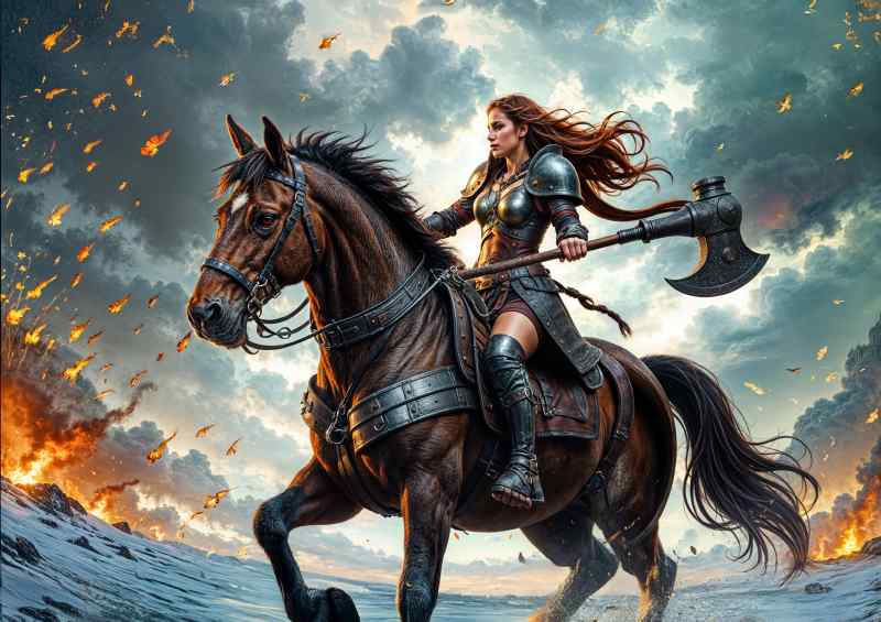 Female viking warrior on her horse dark fantasy