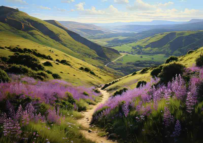 Trail through the mountain tops with lush green grass