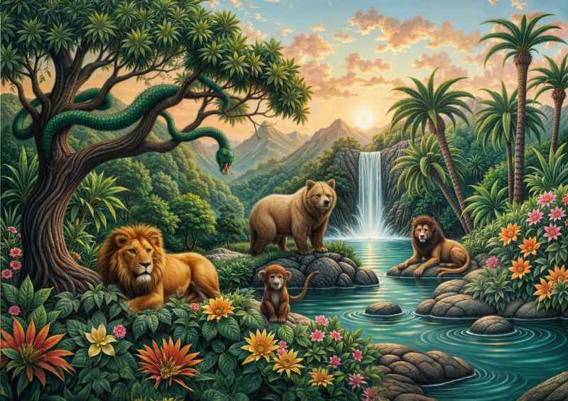 Animals by the waterfall in the jungle