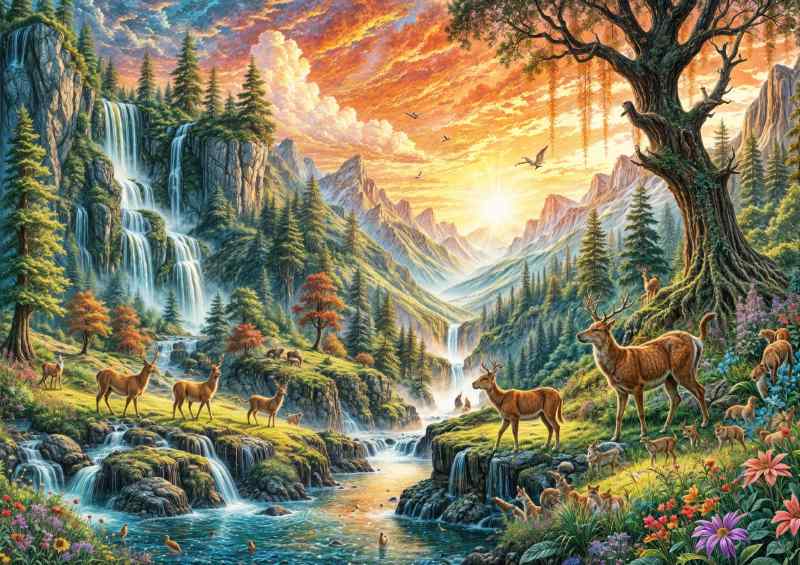 Magical landscape with wild deer in the forest with waterfalls