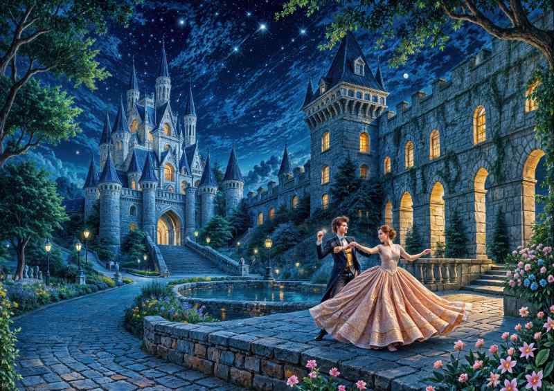 Prince and princess dancing in front of the castle