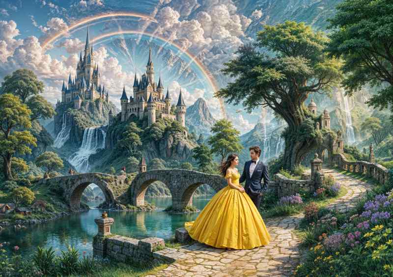 Princesss and the prince next to the castle