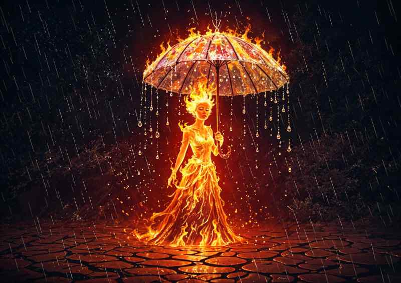 Fire lady walking in the rain | Metal Poster