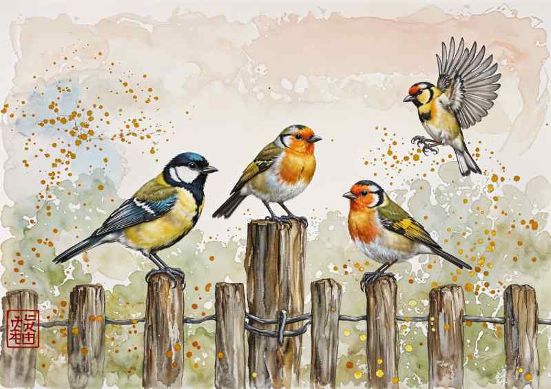 Blue tit robin and great tit on the post | Metal Poster