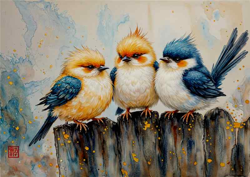 Little birds on the post | Metal Poster