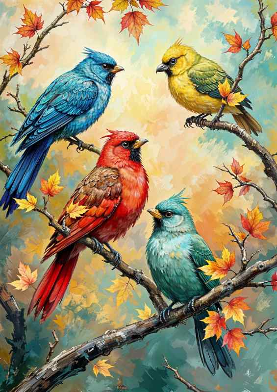Four little birds on a perch | Metal Poster