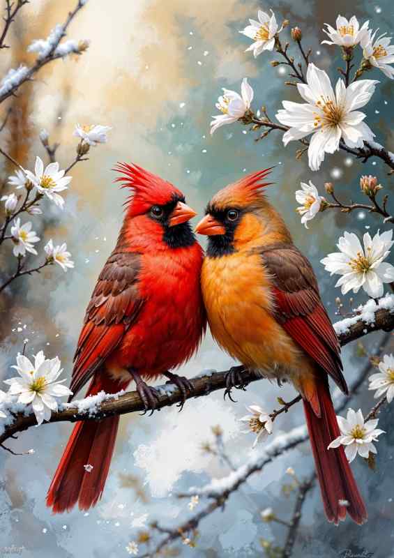 Two cardinals perched closely together on a branch | Metal Poster