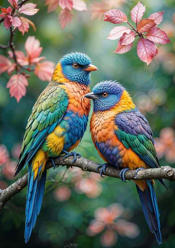 Two love birds perched closely together on a branch | Metal Poster