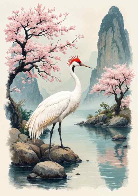 White crane with a red crown | Metal Poster