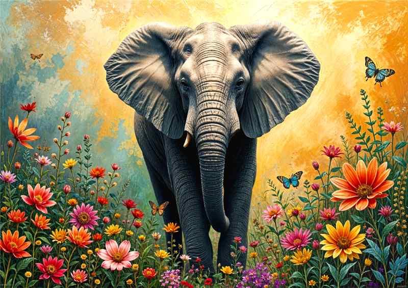 Elephant grey surrounded by flowers | Metal Poster