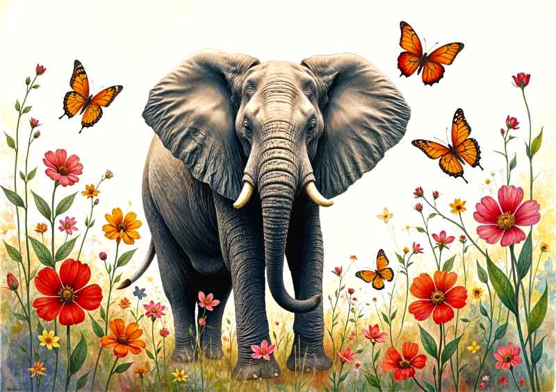 Elephant surrounded by flowers | Metal Poster