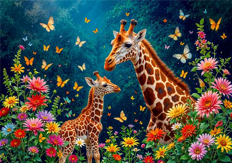 Giraffe and the cub surrounded by flowers | Metal Poster
