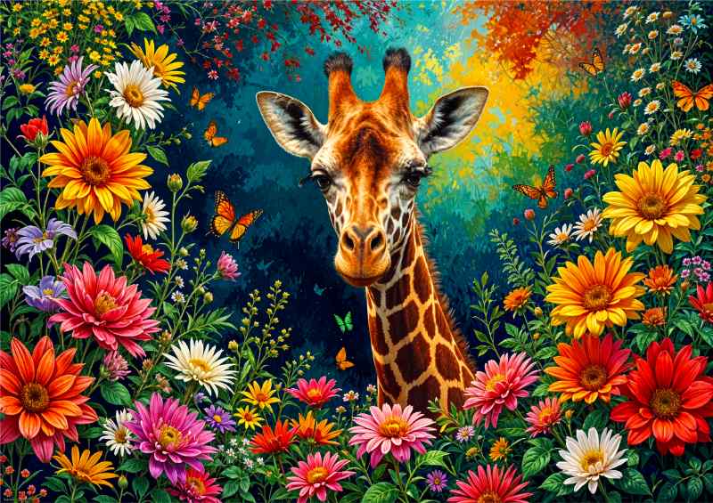 Giraffe surrounded by flowers | Metal Poster