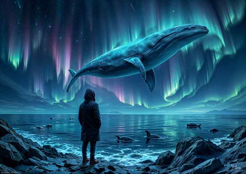Large whale swimming through the night aurua | Metal Poster
