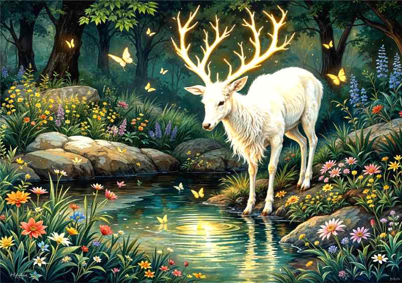 Magical white deer by the stream | Metal Poster