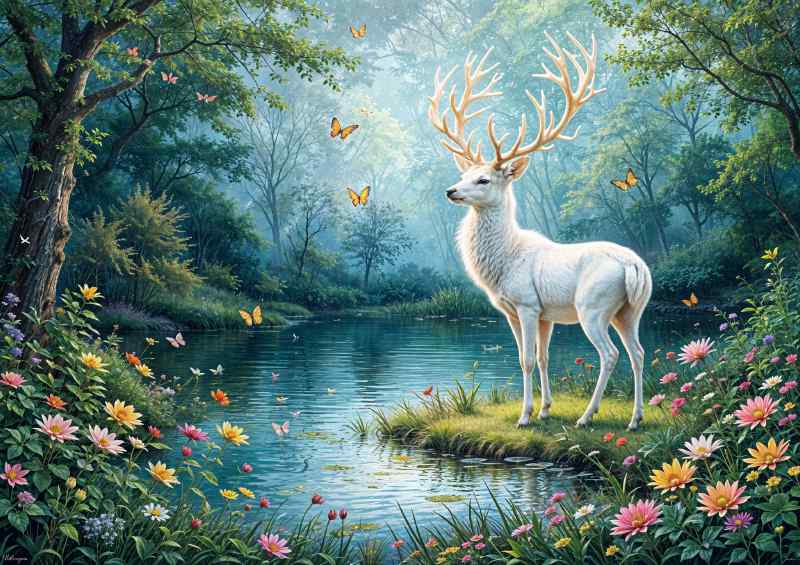 Magical white deer in the woodlands | Metal Poster