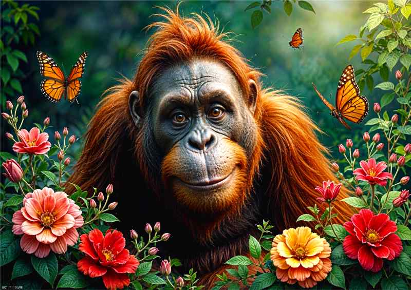 Orangatang happy surrounded by flowers | Metal Poster