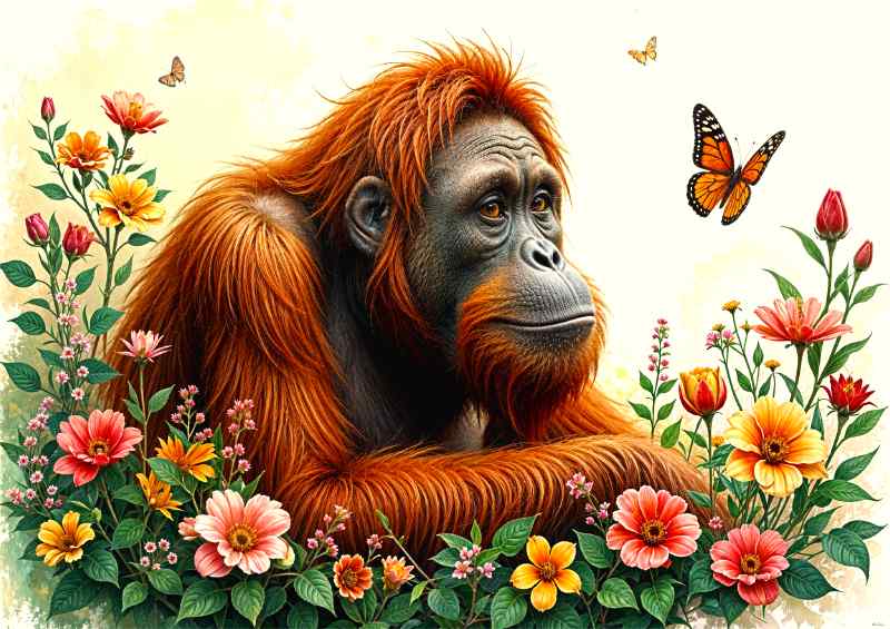 Orangatang surrounded by flowers | Metal Poster