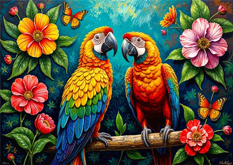 Parrotts surrounded by flowers | Metal Poster