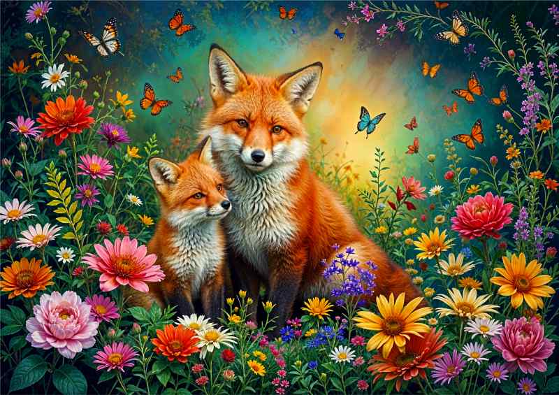 Red Fox and the cub surrounded by flowers | Metal Poster