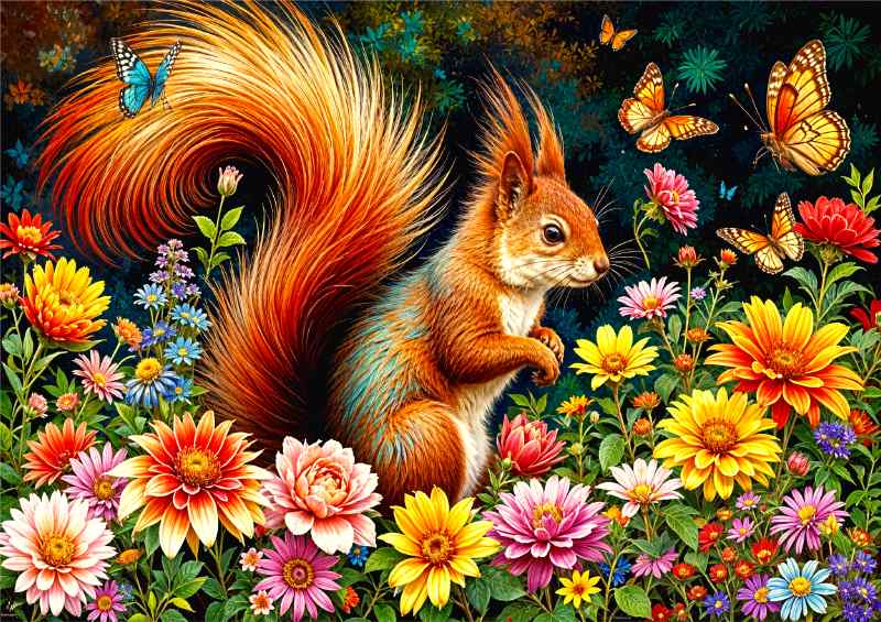 Red Squirrel surrounded by flowers | Metal Poster