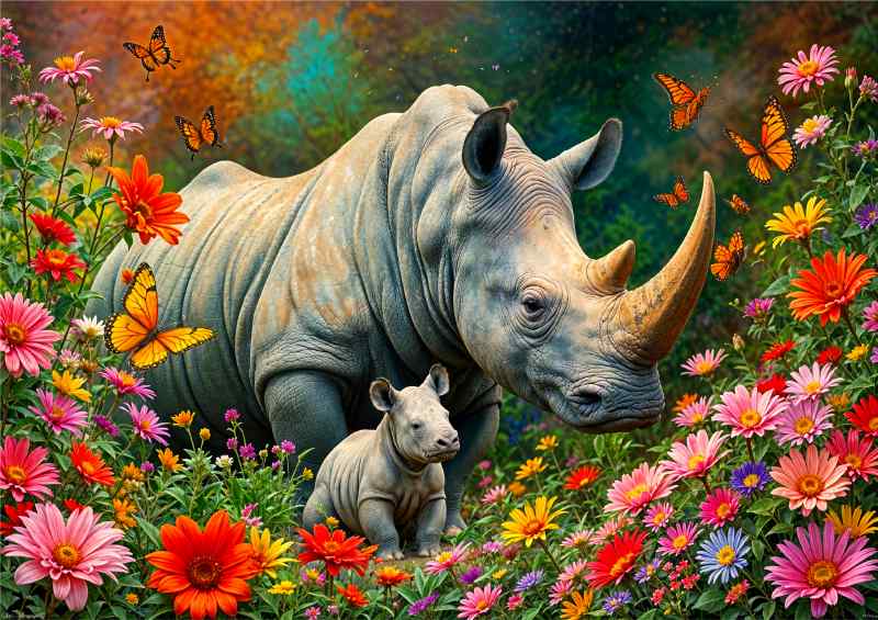 Rhino and the cub surrounded by flowers | Metal Poster