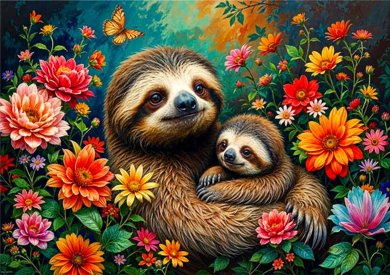 Sloth and the cub surrounded by flowers | Metal Poster