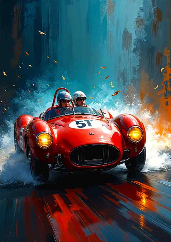Manuel fangio racing in the rain ferrari style car | Metal Poster