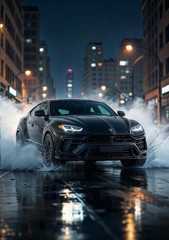 Sleek black lambo Urus in the city | Metal Poster