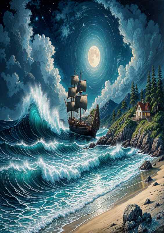 Docked ship at night | Metal Poster
