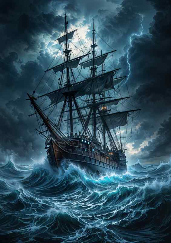 Old saling war ship at sea | Metal Poster