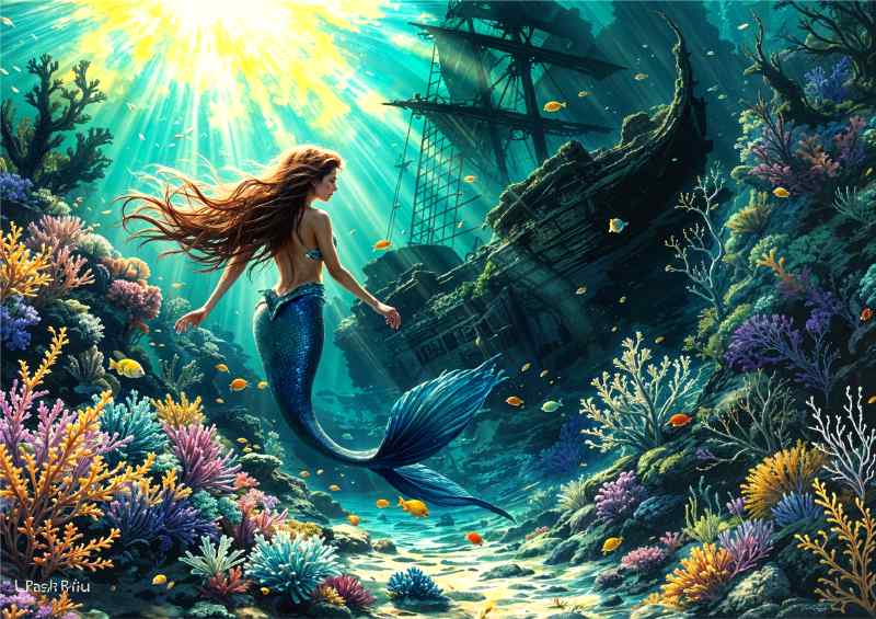Mairmaid in the aquatic blue sea | Metal Poster