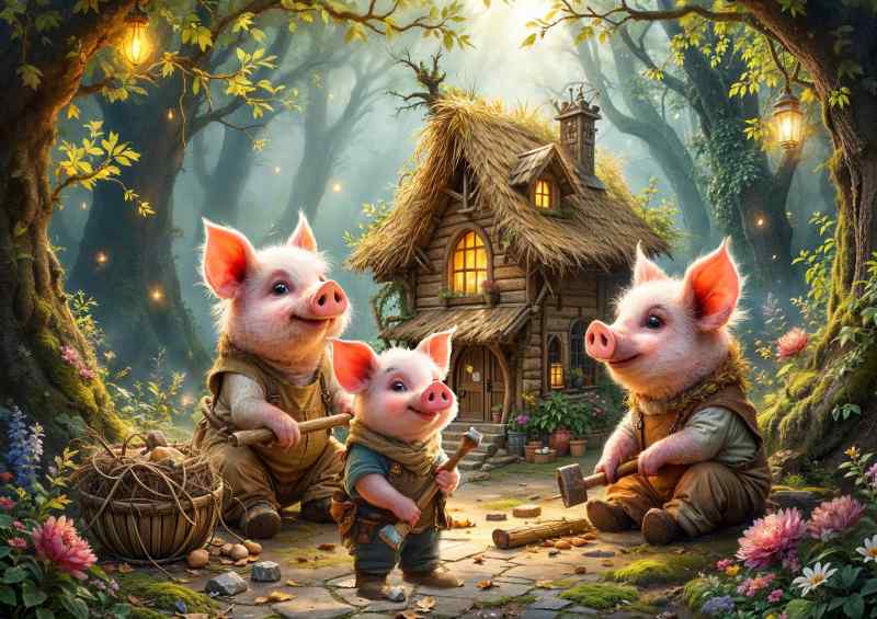 Three pigs building houses | Metal Poster
