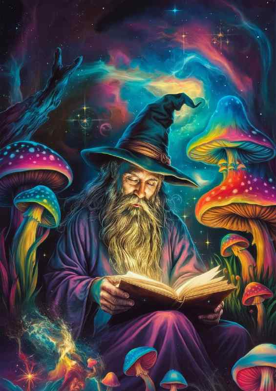 Bearded wizardreading his spells | Metal Poster
