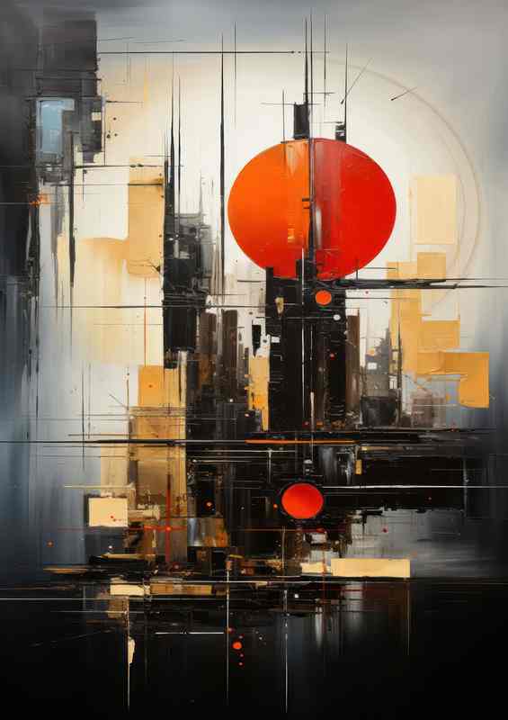 Painting Abstract a red ball and square blocks