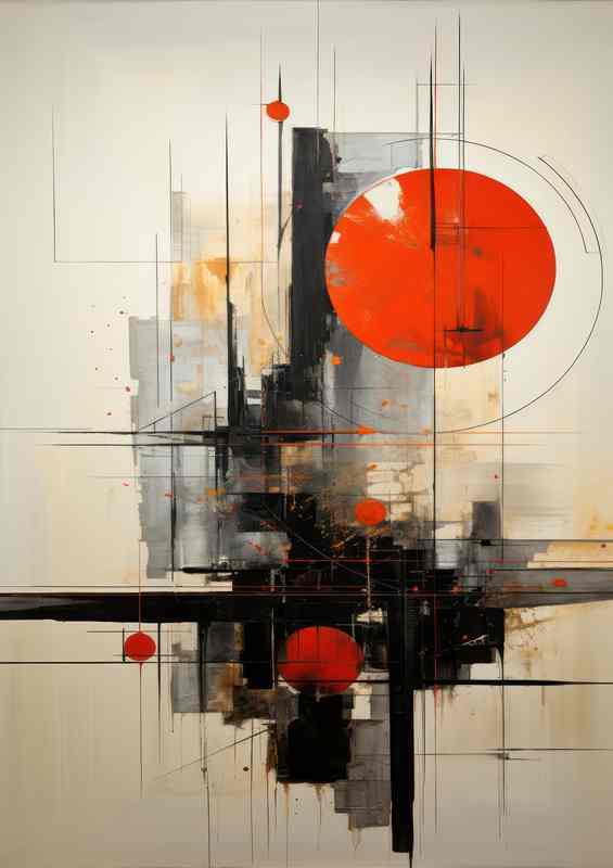 Painting Abstract a red ball and straight lines